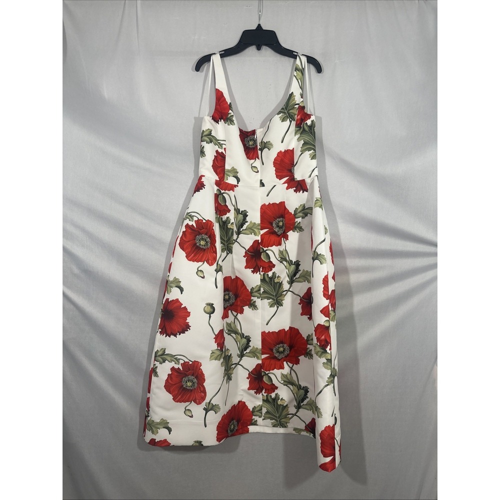 NWD $6000 Oscar de la Renta [ 10‎ ] Poppies Floral Scoop Midi Dress White Red - Picture 10 of 16